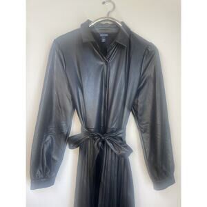 Black Faux Leather Shirt Dress Pleated Midi Dress Belted Size Large